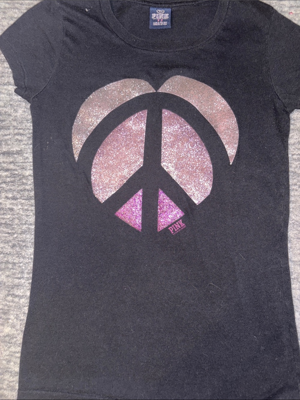 PINK Victoria's Secret VINTAGE 2000s Black Tee with Glitter Pink Peace Sign